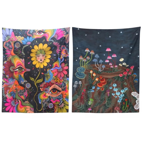 2 Cloth Tapestries Flower goddess & mushrooms bohemian retro boho tapestry decor - Picture 1 of 3